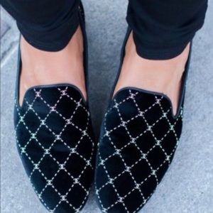 CHANEL Black Velvet Loafers with Silver Detailing
